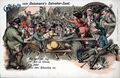 Gruß von der <!--LINK'" 0:27-->, historische Ansichtskarte gezeichnet mit einem Saufgelage im Geismannsaal mit leicht sexistischer Anspielung - aber folgendem Trinklied: Am heut´gen Tag, Ob Jud ob Christ, Ein jeder Aus dem Häuschen ist., um 1900