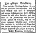 Anzeige über die Geschäftstrennung von Konrad Walz, August 1855