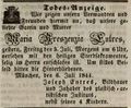 Traueranzeige von  für seine verstorbene Frau, Maria Kreszensie Entres, Juli 1844