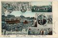 Gruß von der <!--LINK'" 0:156-->, historische Ansichtskarte mit Fotografien vom Königsplatz und Heringsbraterdorf, koloriert, gel. 1905