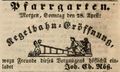 Zeitungsanzeige des Wirts zum <a class="mw-selflink selflink">Pfarrgarten</a> anlässlich der Eröffnung einer Kegelbahn, April 1850