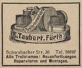 Werbe Eintrag im Fürther Adressbuch 1931 der in der <a class="mw-selflink selflink">Schwabacher Straße 36</a> hier damals ansässigen Treibriemenfabrik Taubert
