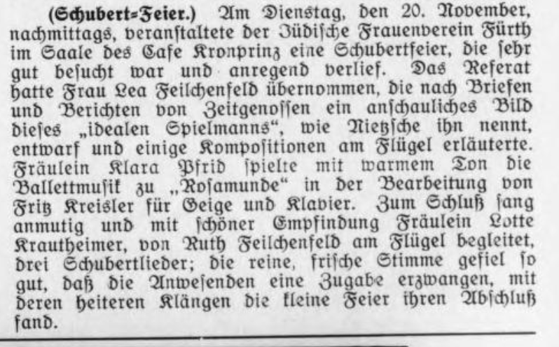 Datei:Schubertkonzert, Ruth + Lea Feilchenfeld nürnberg-fürther Isr. Gemeindeblatt Spital 1. Dezember 1928.png