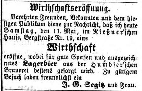 Datei:Segitz eröffnet Wirtschaft, Bergstraße Ftgbl. 11.5.1867.jpg