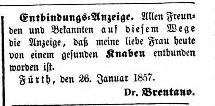 Datei:Brentano Entbindungsanzeige Ftgbl .17.1.1857.jpg