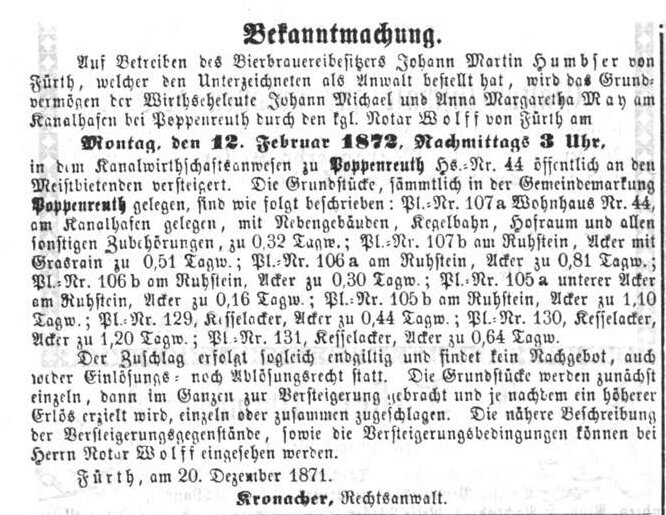 Datei:J.M. Humbser, Poppenreuther Kanalwirtschaftsversteigerung, Ftgl. 23.12.1871.jpg