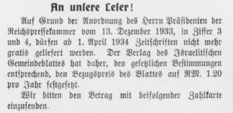 Datei:Gemeindeblatt nicht mehr kostenlos Isr. Gbl 1. Mai 1934.png