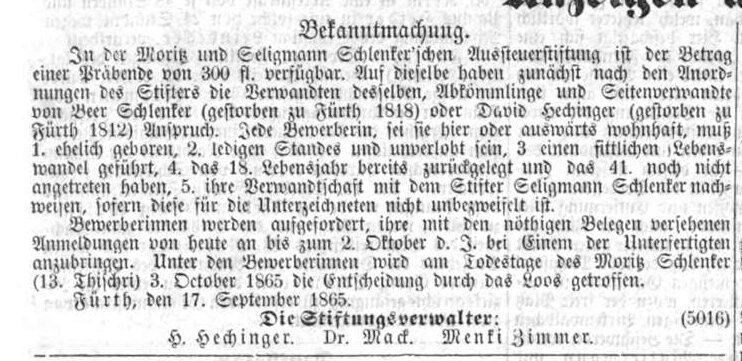 Datei:H. Hechinger Schlenker Aussteuerstiftung,FAZ. 18. September 1865.jpg