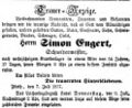 Traueranzeige für <a class="mw-selflink selflink">Simon Engert</a>, Juli 1857