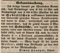 Zeitungsanzeige des Lehrers <a class="mw-selflink selflink">Simon Hanauer</a>, August 1844