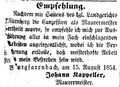 Zeitungsanzeige von Johann Kappeller, August 1854