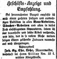 Zeitungsanzeige des Maurermeisters Joh. Gg. Chr. Löhr, April 1855