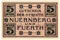 Gutschein der Städte Nürnberg und Fürth über 5 DM, Okt. 1918