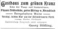 Werbeanzeige "zum grünen Kranz", August 1900