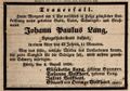 Traueranzeige für <a class="mw-selflink selflink">Johann Paulus Lang</a>, August 1838