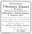 Werbeannonce von Thomas Bauer für sein Restaurant, August 1900