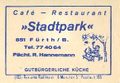 Zündholzschachtel-Etikett des Stadtparkcafé, um 1965 <span class="smw-highlighter" data-type="8" data-state="inline" data-title="Hinweis" title="Lizenz: cc-by-sa-3.0"><span class="smwtticon note"></span><span class="smwttcontent">Lizenz: cc-by-sa-3.0</span></span>