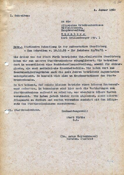 Datei:Schreiben Stadt an Krankenkasse 1960 Waldkrankenhaus.jpg