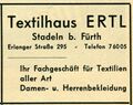 Werbung vom Textilhaus Ertl, das viele Jahre Mieter des kleinen Ladens am <a class="mw-selflink selflink">Fischerberg</a> war, 1961