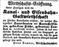 Zeitungsanzeige des Wirts Peter Danner zur Eröffnung seiner Wirtschaft in Poppenreuth, August 1852