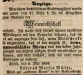 Zeitungsanzeige des Wirts A. M. Müller zur Eröffnung seiner Weinwirtschaft "zur goldenen Kanne", Mai 1850