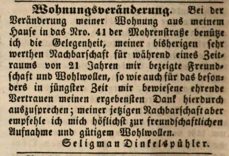 Datei:Anzeige Dinkelspühler, Mohrenstraße 2; Fürther Tagblatt 23. September 1848.jpg
