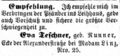 Zeitungsanzeige von Eva Teschner, November 1861
