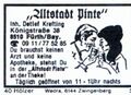 Zündholzschachtel-Etikett des ehemaligen Gaststätte "Altstadt Pinte" in der <!--LINK'" 0:62-->, um 1965 <span class="smw-highlighter" data-type="8" data-state="inline" data-title="Hinweis" title="Urheber: Detlef KreftingLizenz: cc-by-sa-4.0"><span class="smwtticon note"></span><span class="smwttcontent">Urheber: Detlef Krefting<br>Lizenz: cc-by-sa-4.0</span></span>