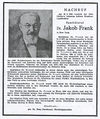 Nachruf Dr. Jakob Frank im Mitteilungsblatt am 12. Juni 1953 in Fürth.