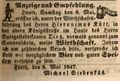 Zeitungsanzeige des Wirts Michael Siebenkäs anlässlich der Eröffnung seiner Wirtschaft, Mai 1847