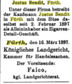 Justus Bendit Zigarrengeschäft Bayerische Handelszeitung 27. März 1897, S. 215
