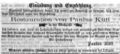 Zeitungsanzeige des Wirts Paulus Kütt, März 1862