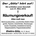 Anzeige zur Geschäftsaufgabe, Elektro Götz in der Mathildenstraße 1, Feb. 2018