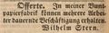 Zeitungsanzeige des Buntpapierfabrikanten <a class="mw-selflink selflink">Wilhelm Stern</a>, Mai 1849