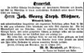 Traueranzeige für den Weinwirt Joh. Georg Mößner, Oktober 1857