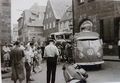Verkehrsunfall in der Gustavstr./Einmündung , Aufnahme 1950er Jahre – im Hintergrund die Häuser Gustavstr. 9, 7, 3, 1 (von rechts nach links)