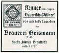 Werbung der <a class="mw-selflink selflink">Brauerei Geismann</a> AG Mitte/Ende 1920er Jahre für das »Bayerisch Pilsener«