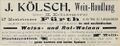 Werbeannonce für die Weinhandlung "J. Kölsch", Juli 1898