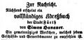 Ankündigung des neuen Adreßbuchs, Juni 1854