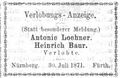 Verlobungsanzeige des Kürschners Heinrich Baur, August 1871