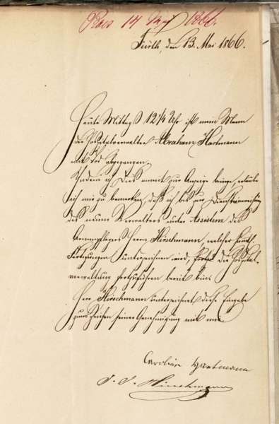 Datei:Tod A. Hartmann und Bereitschaft zur Fortsetzung der Verwaltertätigkeit Witwe Caroline, 13. Mai 1866 .png