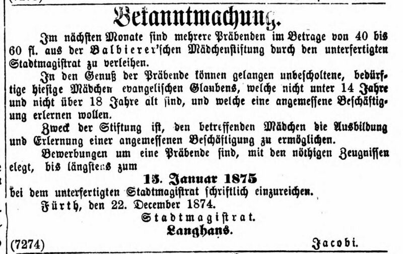 Datei:Balbiererstiftung Fürther neueste Nachrichten für Stadt und Land (Fürther Abendzeitung). 27.12.1874.jpg
