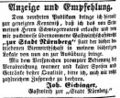 Zeitungsanzeige des Wirts Joh. Eichinger, Wirt zur Stadt Nürnberg, September 1853