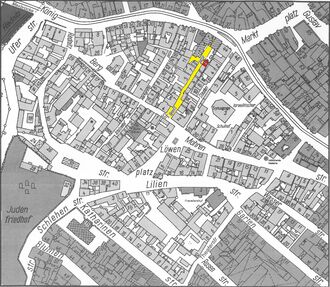 Alter Katasterplan des Gänsbergviertels, Standort Geleitsgasse 8 ist rot markiert