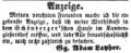 Zeitungsanzeige des Wirts Georg Adam Layher, September 1853