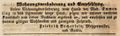 Zeitungsanzeige des Metzgermeisters Becherlein, der in das "sogenannte <a class="mw-selflink selflink">lange Haus</a>" zieht, August 1842
