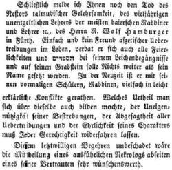 Nachruf zum Tode Wolf Hamburgers in Allgemeine Zeitung des Judentums vom 14.6.1850