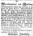 Zeitungsanzeige, dass die Gebrüder Zederholz mit ihrer Porzellanhandlung in die Schwabacher Straße gehen, März 1854