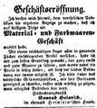 Zeitungsanzeige von  zur Geschäftseröffnung, Dezember 1851
