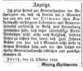 Georg Geismann aus Sulzbach macht die persönliche Übernahme der erworbenen Brauerei Ottmann und seinen Umzug nach Fürth bekannt.
